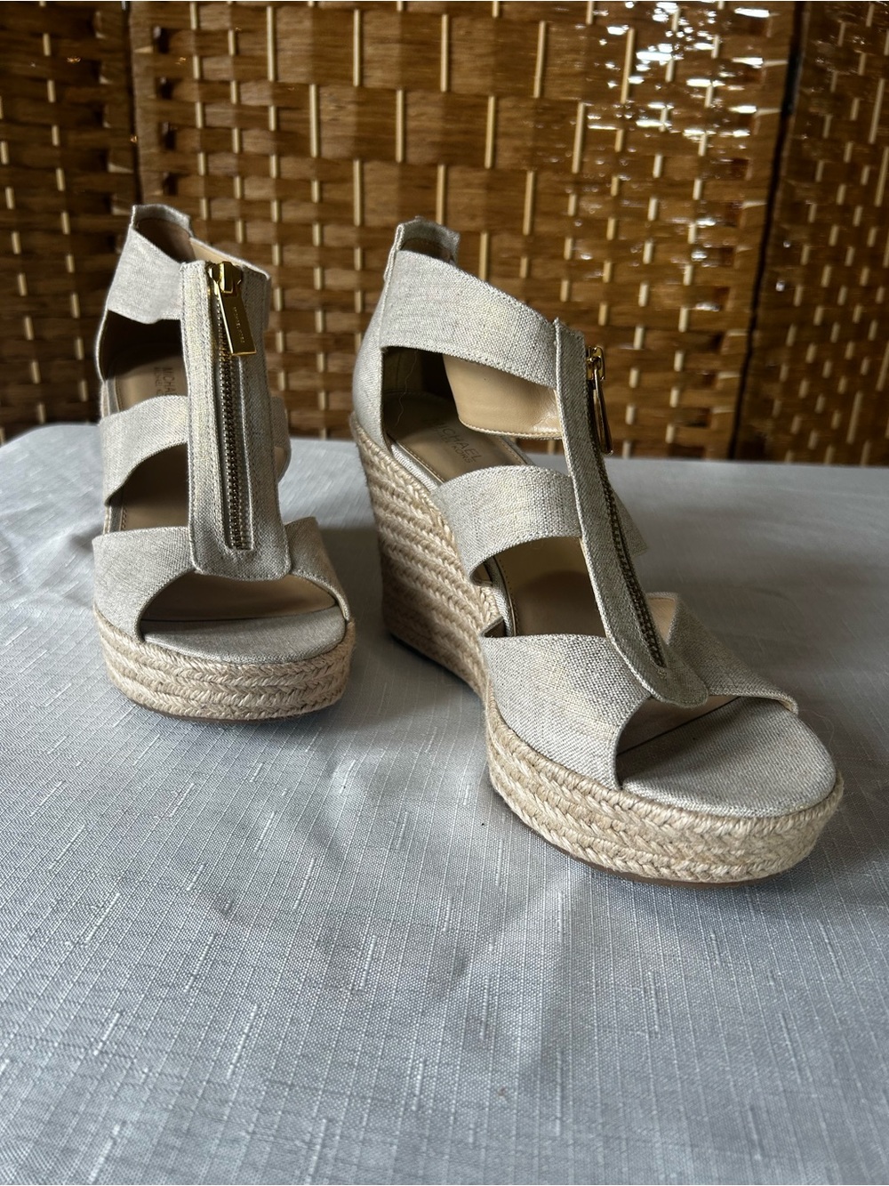 Michael Kors Beige Canvas Espadrille Wedge Sandals with Gold Zipper